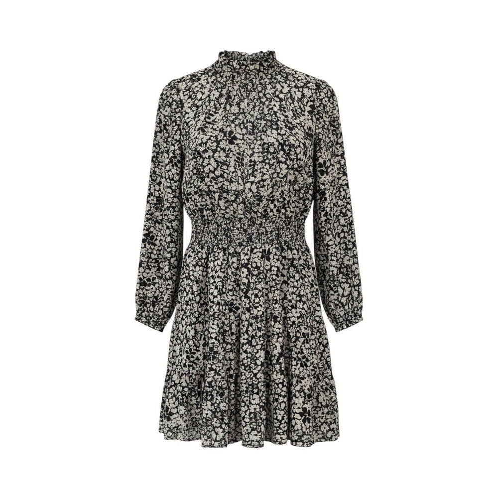 1 State Womens Navy Blue Cream Floral Smocked Waist Mock Neck Mini Dress Size M